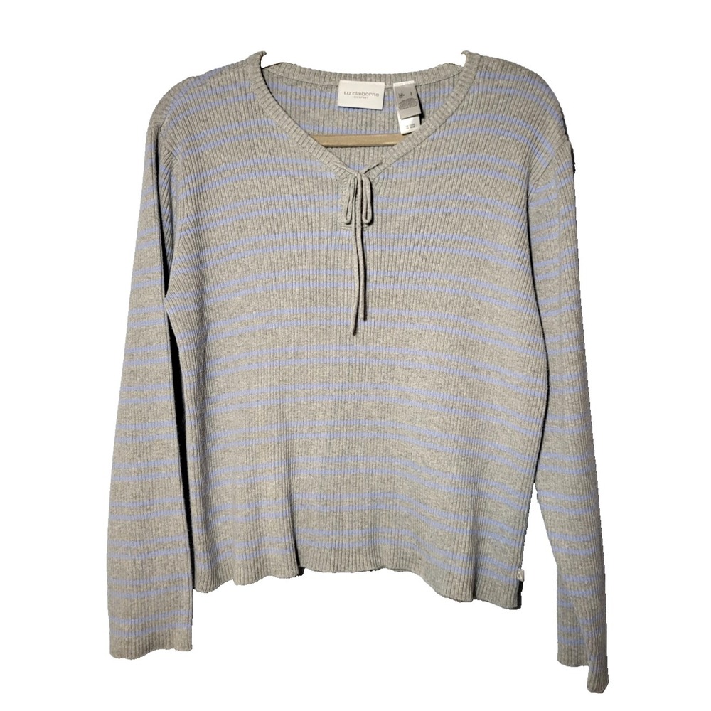 Liz Claiborne Lizsport Gray Striped Knit Sweater‎ Lace Up Front Stretch Size  Lg